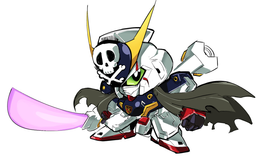 beam_saber chibi clenched_hands cloak crossbone_gundam crossbone_gundam_x-1 green_eyes gundam highres holding holding_sword holding_weapon looking_at_viewer mecha no_humans pillar_buster science_fiction skull_and_crossbones solo sword v-fin weapon