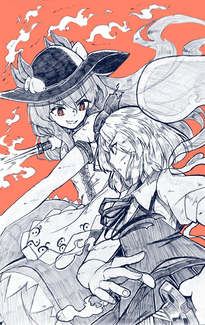 2girls bright_pupils center_frills collared_shirt eyebrows_visible_through_hair food frills fruit greyscale grin gurajio hairband hat highres hinanawi_tenshi holding holding_sword holding_weapon konpaku_youmu konpaku_youmu_(ghost) leaf long_hair looking_at_viewer monochrome multiple_girls neck_ribbon open_mouth peach pleated_skirt puffy_short_sleeves puffy_sleeves red_background red_eyes ribbon shirt short_hair short_sleeves simple_background skirt smile standing sword sword_of_hisou touhou v-shaped_eyebrows vest weapon white_pupils