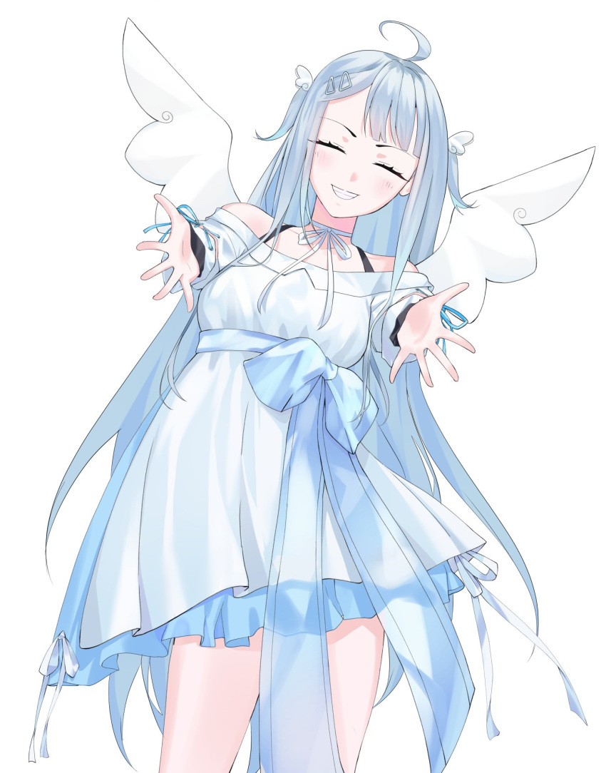 1girl ^_^ ahoge amatsuka_uto angel angel_wings bangs blue_bow bow closed_eyes dress head_tilt highres indie_virtual_youtuber kuroi_enpitsu long_hair off-shoulder_dress off_shoulder open_hands outstretched_arms silver_dress silver_hair smile solo two_side_up very_long_hair virtual_youtuber wing_hair_ornament wings