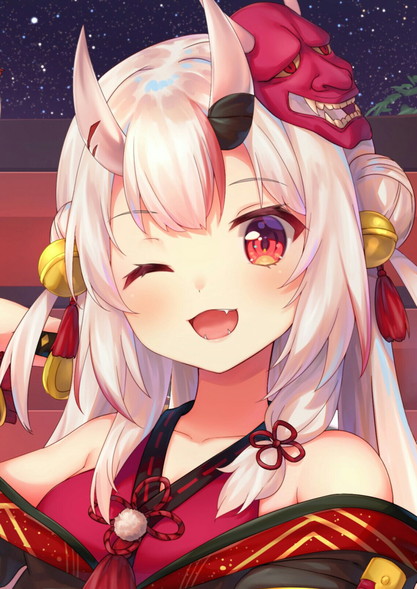 1girl bangs bell blush breasts collarbone double_bun eyebrows_visible_through_hair fang fangs hair_ornament highres hololive horn_ornament horns japanese_clothes jingle_bell long_hair looking_at_viewer multicolored_hair nakiri_ayame night night_sky one_eye_closed oni oni_horns oni_mask open_mouth outdoors pom_pom_(clothes) red_eyes redhead silver_hair sky smile solo streaked_hair tokoshibyra torii virtual_youtuber