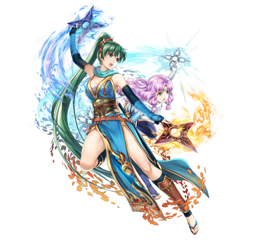 2girls absurdres bangs bare_shoulders breasts circlet commentary_request dual_wielding earrings elbow_gloves fingerless_gloves fire_emblem fire_emblem:_the_blazing_blade fire_emblem_heroes florina_(fire_emblem) full_body gloves green_eyes green_hair hair_ornament highres holding japanese_clothes jewelry leg_up long_hair looking_away lyn_(fire_emblem) medium_breasts multiple_girls ninja official_art open_mouth pelvic_curtain ponytail purple_hair sandals sheath sheathed shiny shiny_skin shuriken shuriken_hair_ornament simple_background sleeveless sword thighs tied_hair toes very_long_hair weapon white_background yamada_koutarou