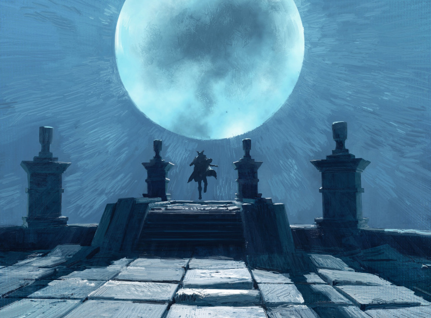 1other ambiguous_gender bloodborne boots coat commentary from_behind full_moon gazedsoul gloves hat highres hunter_(bloodborne) jumping moon moonlight night outdoors scenery solo tricorne wide_shot