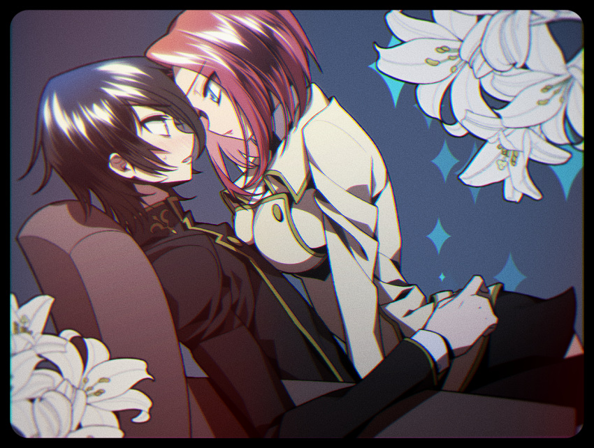 1boy 1girl ashford_academy_uniform black_hair blue_eyes chair code_geass eyebrows_visible_through_hair kallen_stadtfeld lac. lelouch_lamperouge redhead shiny shiny_hair short_hair simple_background sitting sparkle