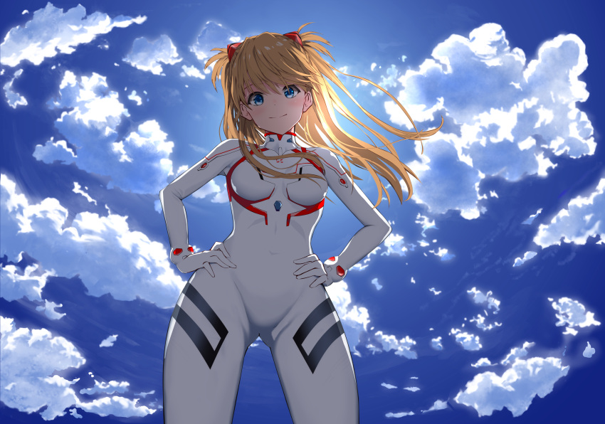 1girl ass_visible_through_thighs backlighting blonde_hair blue_eyes blue_sky bodysuit breasts closed_mouth clouds commentary_request covered_navel day evangelion:_3.0+1.0_thrice_upon_a_time from_below gibun_(sozoshu) gloves hair_ornament hands_on_hips highres long_hair looking_at_viewer looking_down medium_breasts neon_genesis_evangelion outdoors plugsuit rebuild_of_evangelion shikinami_asuka_langley skin_tight sky smile solo souryuu_asuka_langley standing white_bodysuit white_gloves