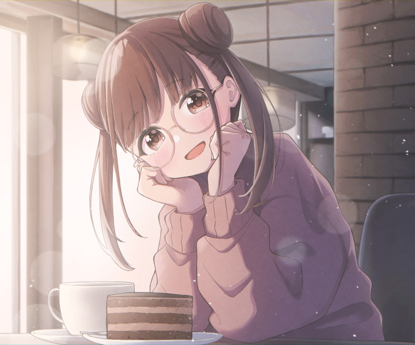 1girl alternate_costume bangs blush brown_sweater cafe cake cake_slice clenched_hands coffee coffee_mug cup double_bun ene_mizunoawa eyebrows_visible_through_hair food glint hands_on_own_cheeks hands_on_own_face head_tilt highres idolmaster idolmaster_shiny_colors lens_flare looking_at_viewer mug round_eyewear sitting smile solo sonoda_chiyoko sunlight sweater twintails upper_body