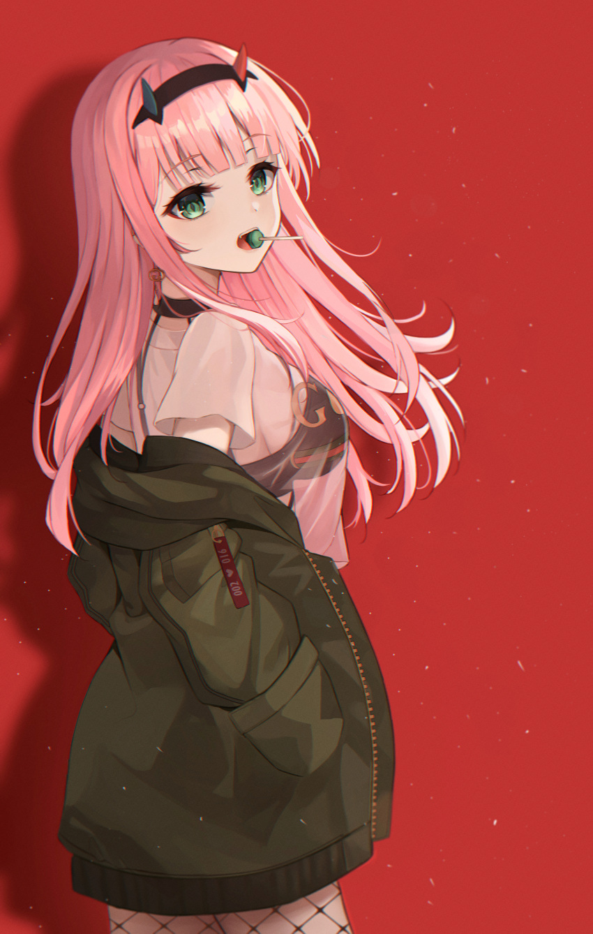 1girl absurdres bangs black_bra black_hairband blunt_bangs bra candy darling_in_the_franxx eyebrows_visible_through_hair fishnet_legwear fishnets food food_in_mouth from_side green_eyes green_jacket hairband hands_in_pockets highres horns huge_filesize jacket lollipop long_hair looking_at_viewer ms_childofart off_shoulder open_mouth pink_hair red_background see-through shadow shirt simple_background solo t-shirt underwear upper_body upper_teeth white_shirt zero_two_(darling_in_the_franxx)