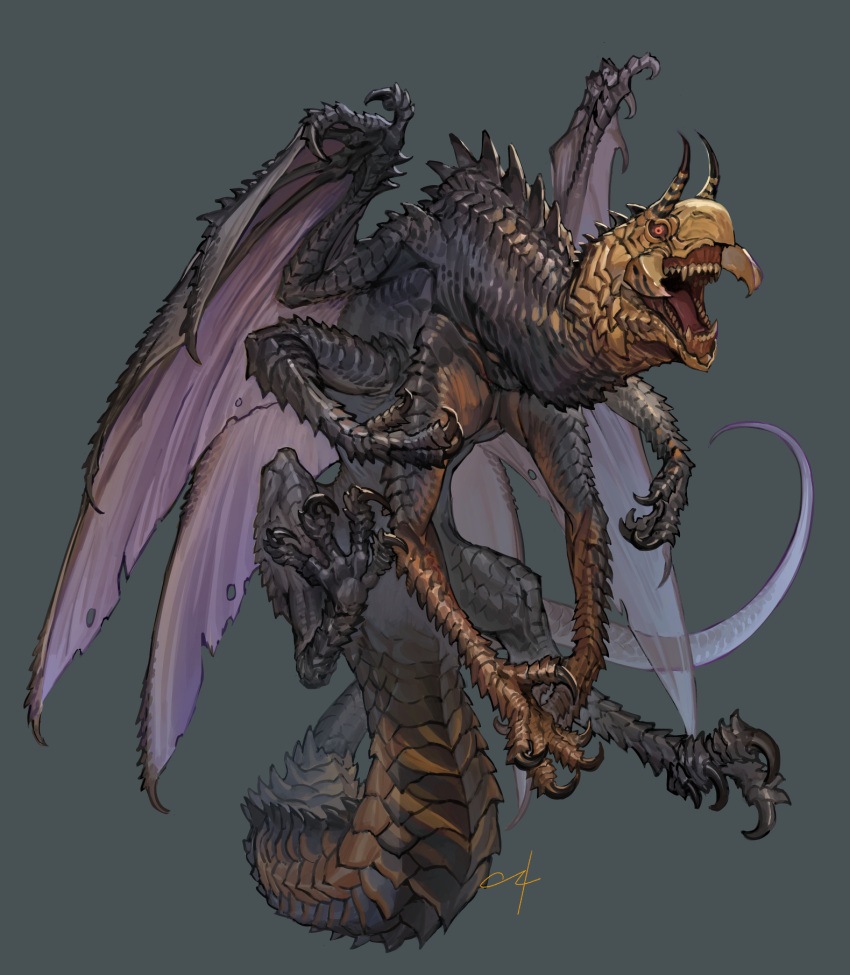 claws dragon fantasy flying full_body grey_background highres horns looking_at_viewer monster multiple_legs multiple_wings nishiki_areku no_humans open_mouth orange_eyes original scales sharp_teeth simple_background solo spikes tail teeth tongue torn_wings wings