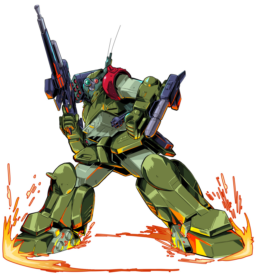 arm_cannon clenched_hand extra_eyes gun head_tilt highres holding holding_gun holding_weapon looking_at_viewer mecha missile_pod no_humans pillar_buster radio_antenna science_fiction scopedog skating solo soukou_kihei_votoms weapon white_background