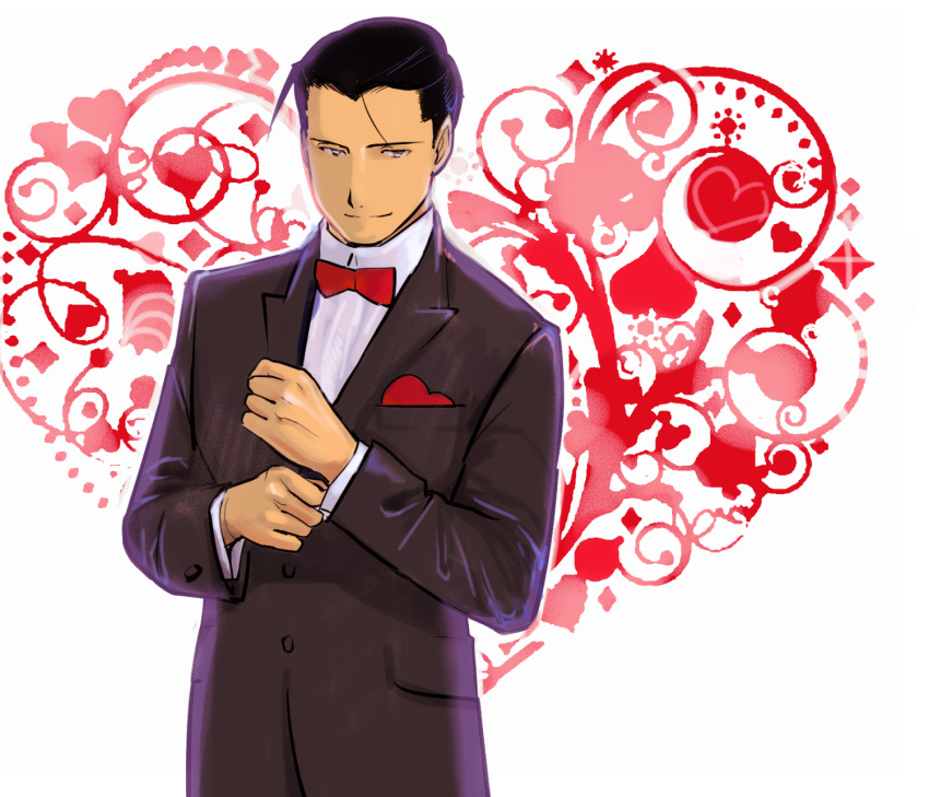 1boy adjusting_clothes adjusting_sleeves argyle argyle_background black_eyes black_hair black_jacket bow bowtie breast_pocket buttons clenched_hands closed_mouth collared_shirt facing_viewer formal fullmetal_alchemist hair_slicked_back hands_up heart heart_background heart_in_pocket heart_on_chest highres jacket light_smile looking_afar male_focus pocket polka_dot polka_dot_background red_bow red_neckwear roy_mustang shirt simple_background suit upper_body urikurage white_background white_shirt