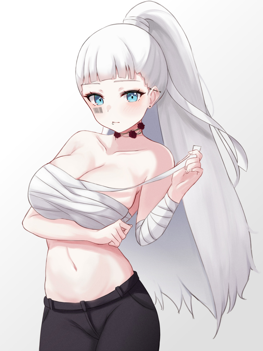 1girl absurdres arm_under_breasts bangs bare_shoulders black_pants blue_eyes blunt_bangs blush breasts choker closed_mouth collarbone contrapposto cowboy_shot dated_commentary ear_piercing earrings hand_up high_ponytail highres jewelry kano_(wi3028) large_breasts long_hair looking_at_viewer navel original pants piercing ponytail sarashi silver_hair simple_background solo very_long_hair white_background