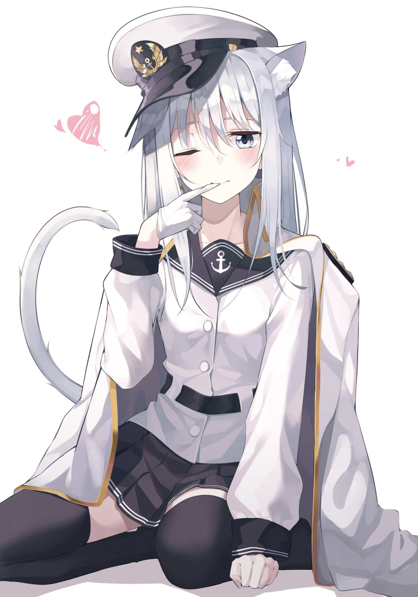 1girl anchor_symbol animal_ears belt black_legwear black_sailor_collar black_skirt blue_eyes blush buttons cat_ears cat_tail closed_mouth collarbone finger_in_mouth full_body gloves gold_trim hair_between_eyes hat heart hibiki_(kancolle) highres jacket jacket_on_shoulders kantai_collection kanzi kemonomimi_mode long_hair long_sleeves looking_at_viewer military military_hat military_jacket military_uniform naval_uniform one_eye_closed open_clothes open_jacket pleated_skirt remodel_(kantai_collection) sailor_collar school_uniform seiza serafuku shirt silver_hair simple_background sitting skirt sleeve_cuffs solo tail thigh-highs uniform verniy_(kancolle) white_background white_gloves white_jacket white_shirt zettai_ryouiki