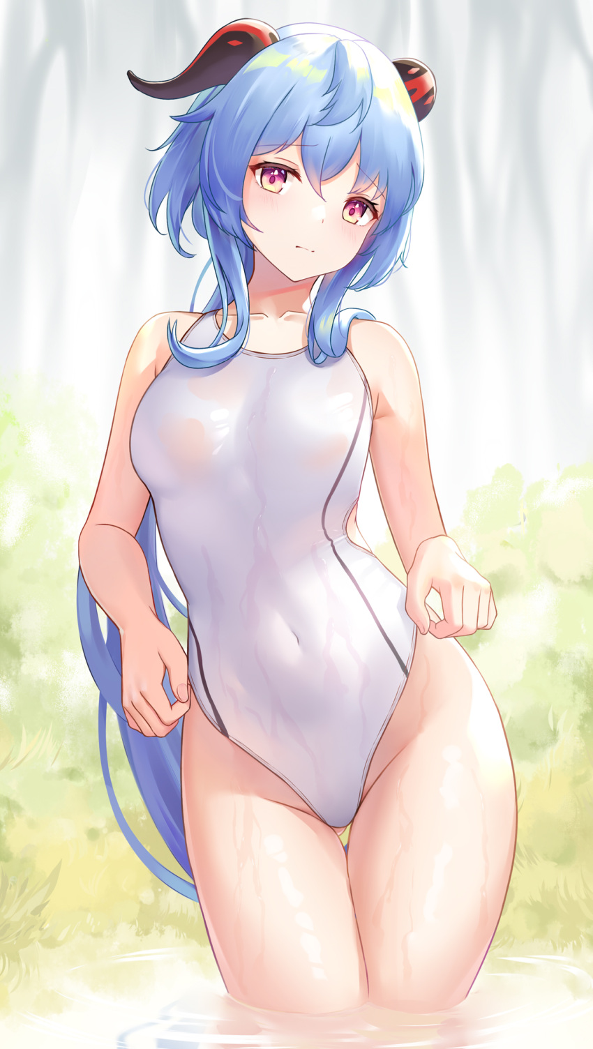 1girl ahoge airool ass_visible_through_thighs bangs bare_arms bare_shoulders blue_hair blush breasts closed_mouth collarbone commentary competition_swimsuit covered_navel day eyebrows_visible_through_hair frown ganyu_(genshin_impact) genshin_impact goat_horns grass groin highleg highleg_swimsuit highres horns long_hair looking_at_viewer medium_breasts one-piece_swimsuit outdoors ponytail see-through sidelocks solo standing swimsuit swimwear thigh_gap thighs very_long_hair violet_eyes wading water wet wet_clothes wet_swimsuit white_swimsuit