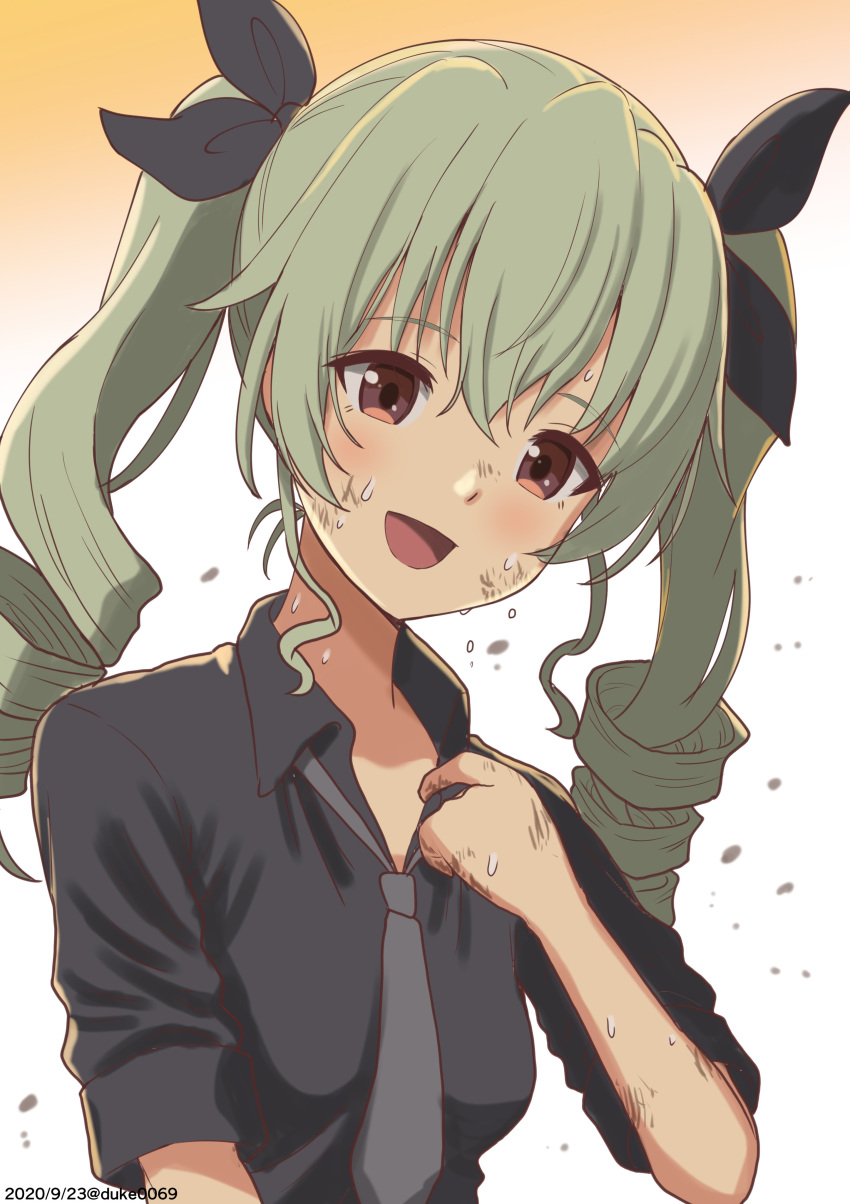 1girl absurdres anchovy_(girls_und_panzer) bangs black_neckwear black_ribbon black_shirt brown_eyes collar_tug commentary dated dirty dirty_face dress_shirt drill_hair duke_(kimurasun) eyebrows_visible_through_hair girls_und_panzer gradient gradient_background green_hair hair_ribbon highres long_hair looking_at_viewer necktie open_mouth orange_background ribbon shirt short_sleeves sleeves_rolled_up smile solo sweat twin_drills twintails twitter_username upper_body wing_collar