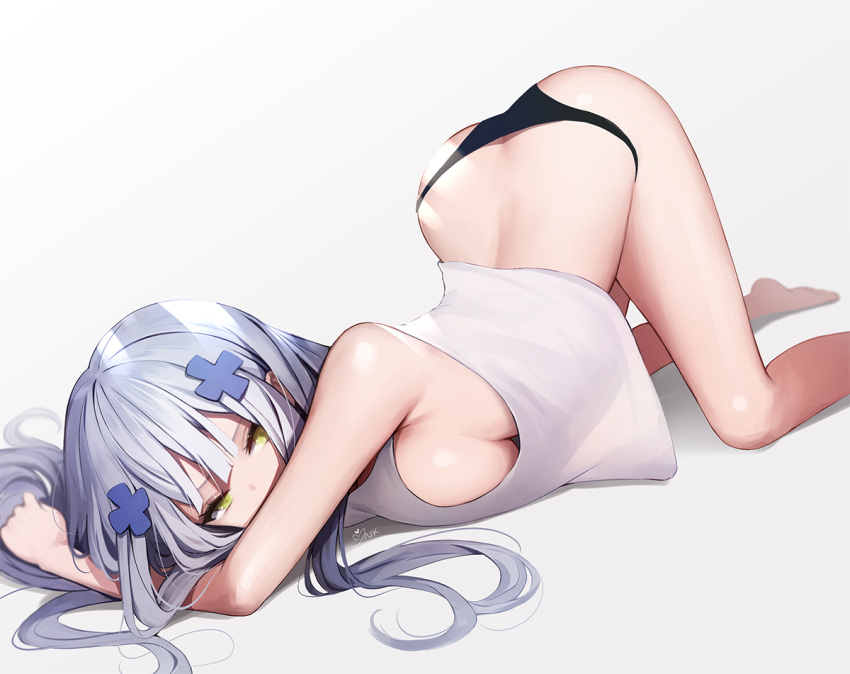 1girl ankkoyom ass bangs bare_arms bare_shoulders barefoot black_panties blunt_bangs breasts covering_mouth crop_top girls_frontline green_eyes hair_ornament hk416_(girls_frontline) long_hair looking_at_viewer medium_breasts no_bra no_pants panties shirt sideboob silver_hair simple_background sleeveless sleeveless_shirt solo thighs top-down_bottom-up underwear white_background white_shirt