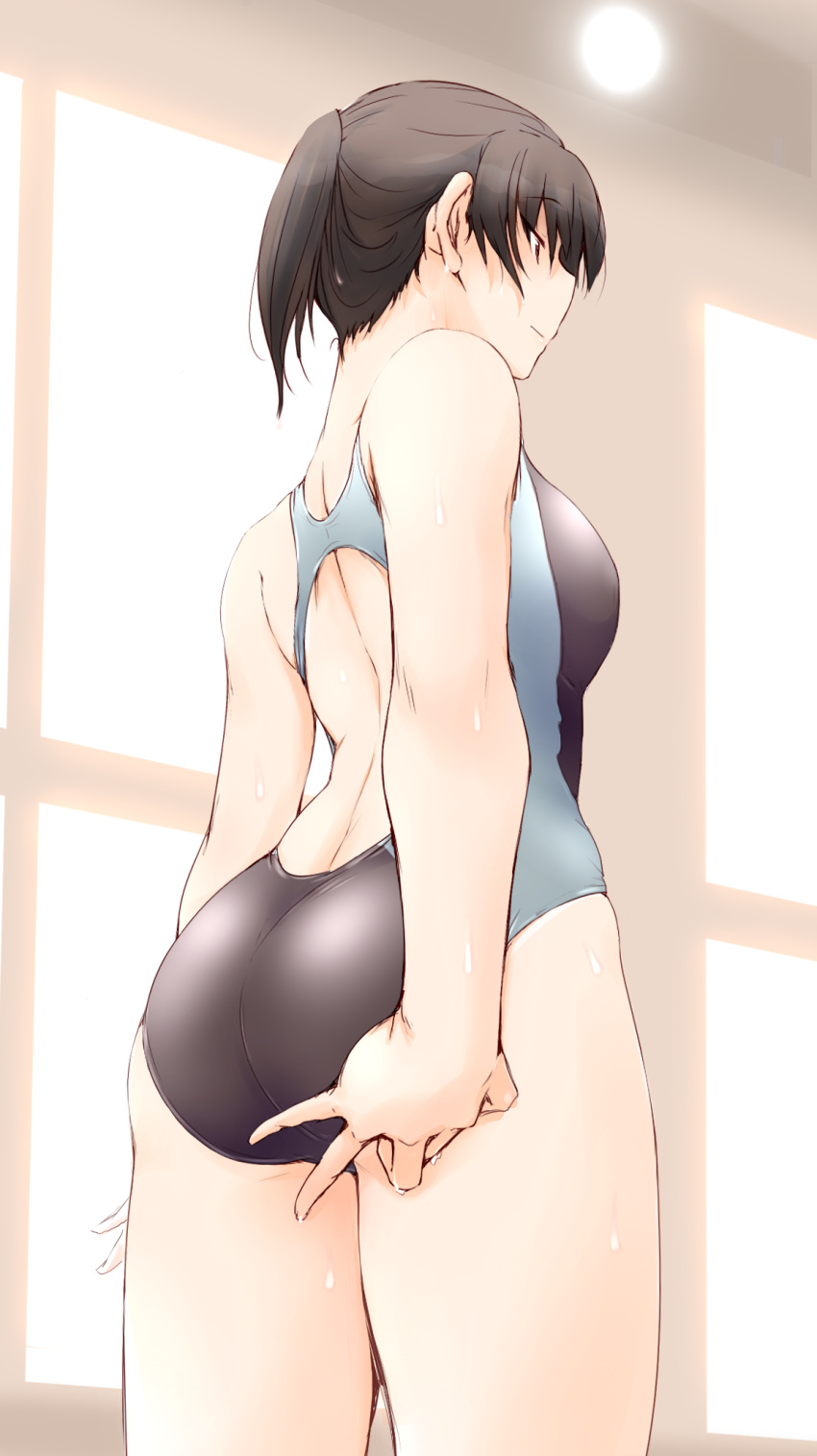 1girl amagami black_eyes black_hair black_swimsuit breasts commentary_request competition_swimsuit cowboy_shot from_below highres medium_breasts one-piece_swimsuit ponytail sasaki_akira_(ugc) short_hair solo standing swimsuit tsukahara_hibiki