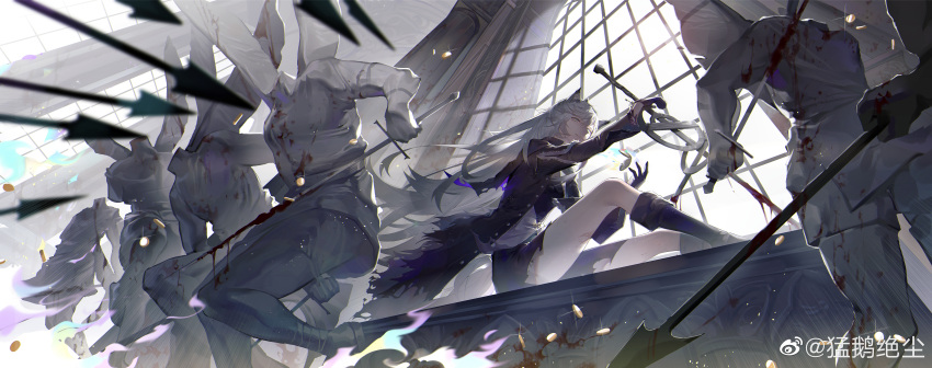 1girl absurdres animal_ears arknights boots highres holding holding_weapon huge_filesize lappland_(arknights) lappland_(refined_horrormare)_(arknights) long_hair pocket_watch scar scar_across_eye shorts shuiyaoximushi silver_hair sitting solo statue sword torn_clothes watch weapon wolf_ears wolf_girl