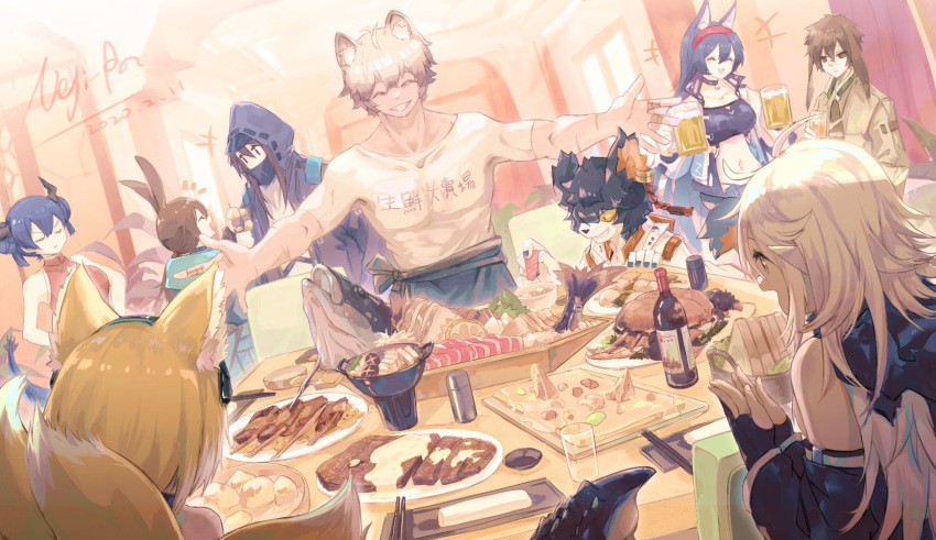 +++ 3boys 6+girls aak_(arknights) amiya_(arknights) animal_ears arknights ayerscarpe_(arknights) blaze_(arknights) blonde_hair blue_hair brown_hair cat_ears ch'en_(ageless_afterglow)_(arknights) ch'en_(arknights) chopsticks closed_eyes clothes_writing commentary_request crocodilian_tail dated doctor_(arknights) dog_ears dragon_horns female_doctor_(arknights) fish_head floppy_ears food fox_ears fox_tail furry gloves grin hands_together highres hood horns jaye_(arknights) long_hair long_sleeves midriff multiple_boys multiple_girls multiple_tails navel nejikyuu open_mouth partially_fingerless_gloves pointy_ears rabbit_ears shirt short_sleeves signature sleeveless smile sushi suzuran_(arknights) tail tomimi_(arknights) very_long_hair white_hair white_shirt