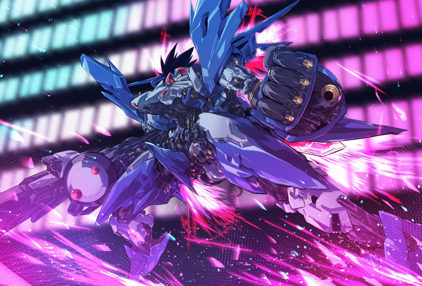 1boy android arm_cannon black_hair blue_eyes character_request clenched_hand flying gun highres holding holding_gun holding_weapon looking_at_viewer looking_down mecha mega_man_(series) mega_man_x_(series) no_humans pillar_buster piston ride_armor science_fiction solo weapon