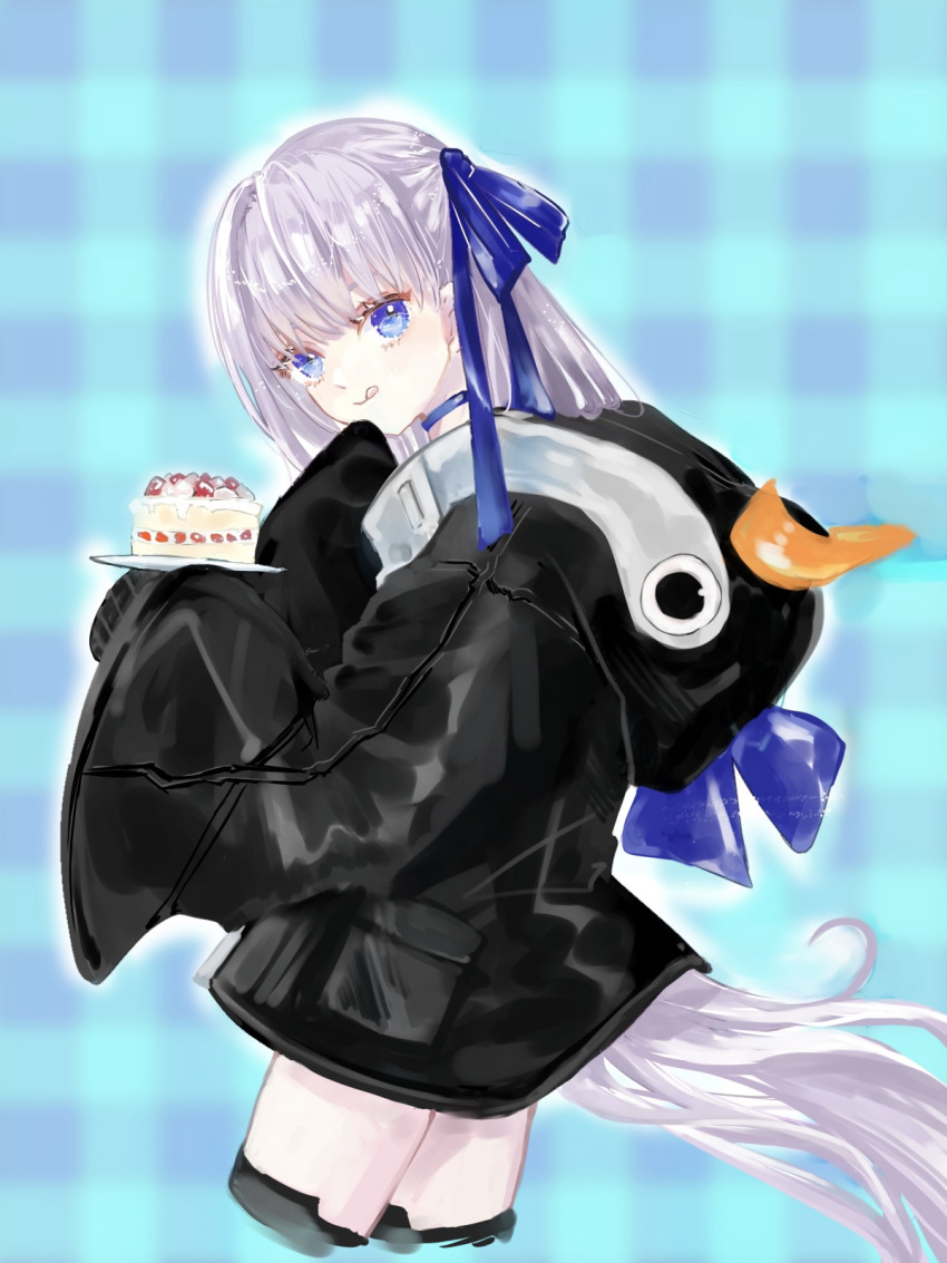 1girl animal_hood asa_(1asa-0-asa1) bangs black_jacket blue_bow blue_eyes blush bow breasts cake choker fate/grand_order fate_(series) food highres hood hood_up jacket licking_lips long_hair long_sleeves looking_at_viewer meltryllis_(fate) meltryllis_(swimsuit_lancer)_(fate) penguin_hood purple_hair sleeves_past_fingers sleeves_past_wrists small_breasts smile solo thighs tongue tongue_out very_long_hair