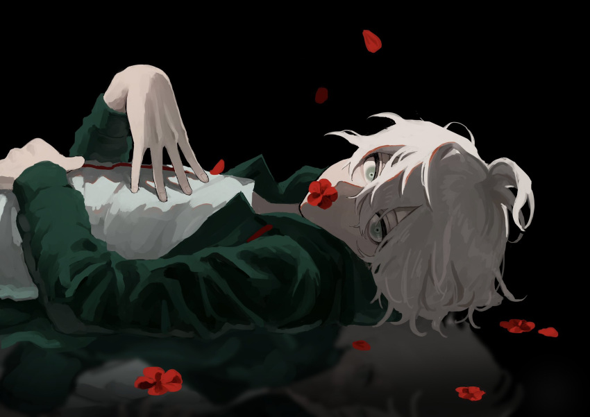 1boy bangs black_background covered_mouth dangan_ronpa_(series) dangan_ronpa_2:_goodbye_despair e_(xrpa4zlquxlfk27) flower green_jacket grey_eyes hair_between_eyes highres jacket komaeda_nagito long_sleeves looking_at_viewer looking_to_the_side lying male_focus on_back open_clothes open_jacket petals print_shirt red_flower shirt solo upper_body white_hair white_shirt