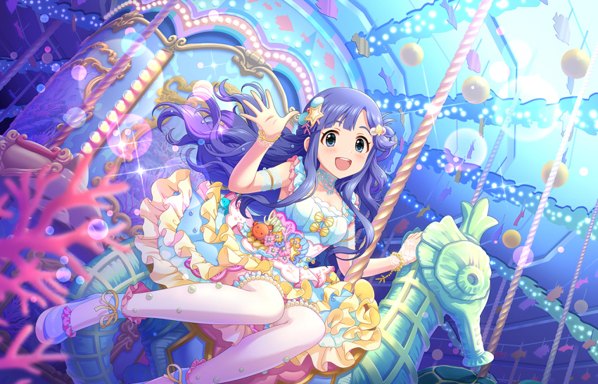 asari_nanami blue_eyes blue_sky blush dress idolmaster_cinderella_girls_starlight_stage long_hair smile underwater