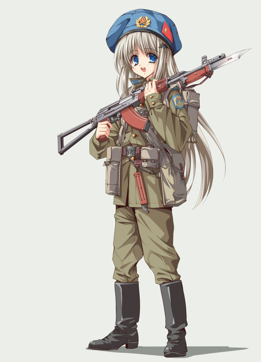 1girl absurdres ak-74 assault_rifle backpack bag bat_hair_ornament bayonet belt_buckle beret blue_eyes blush boots buckle full_body grey_hair gun hair_ornament happy hat highres little_busters!! load_bearing_equipment long_hair longmei_er_de_tuzi looking_at_viewer military military_uniform noumi_kudryavka open_mouth paratrooper patch rifle shadow simple_background soldier solo soviet uniform weapon