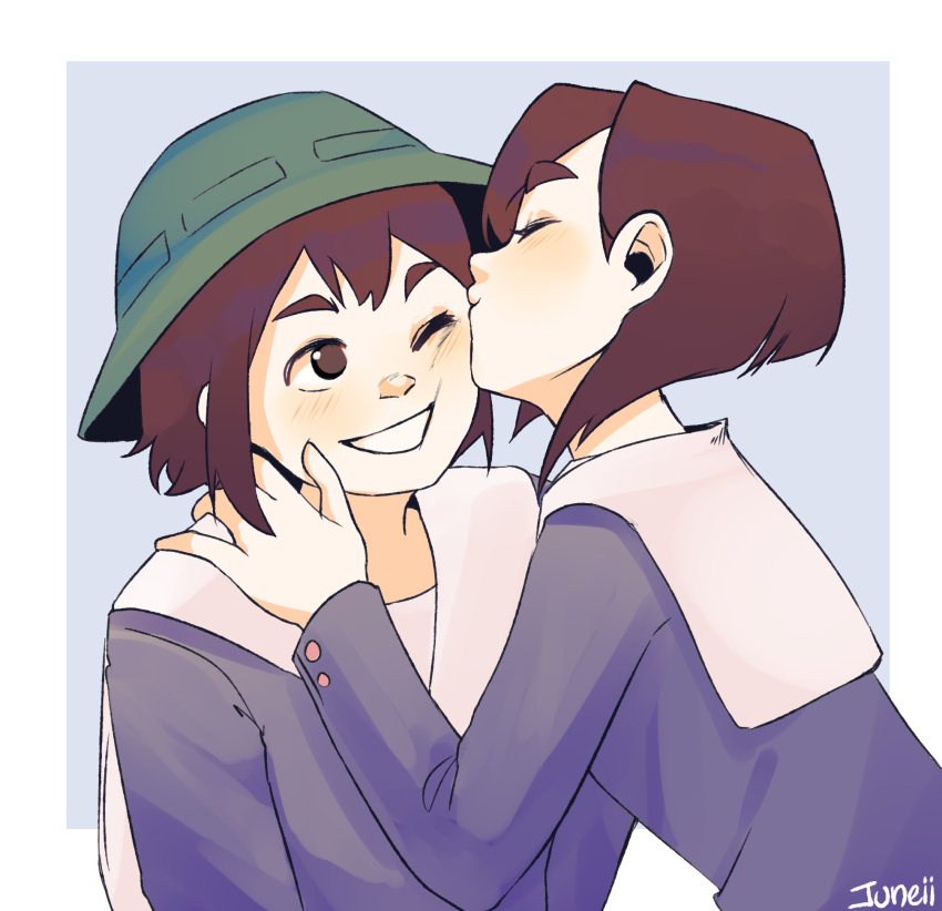 2girls asakusa_midori bangs blue_background blue_shirt blush bob_cut brown_eyes brown_hair bucket_hat cheek_kiss closed_eyes eizouken_ni_wa_te_wo_dasu_na! face-to-face green_headwear grin hair_behind_ear hat highres kiss looking_at_another m_juneii mizusaki_tsubame multiple_girls one_eye_closed outside_border school_uniform shirt short_hair signature simple_background smile thick_eyebrows