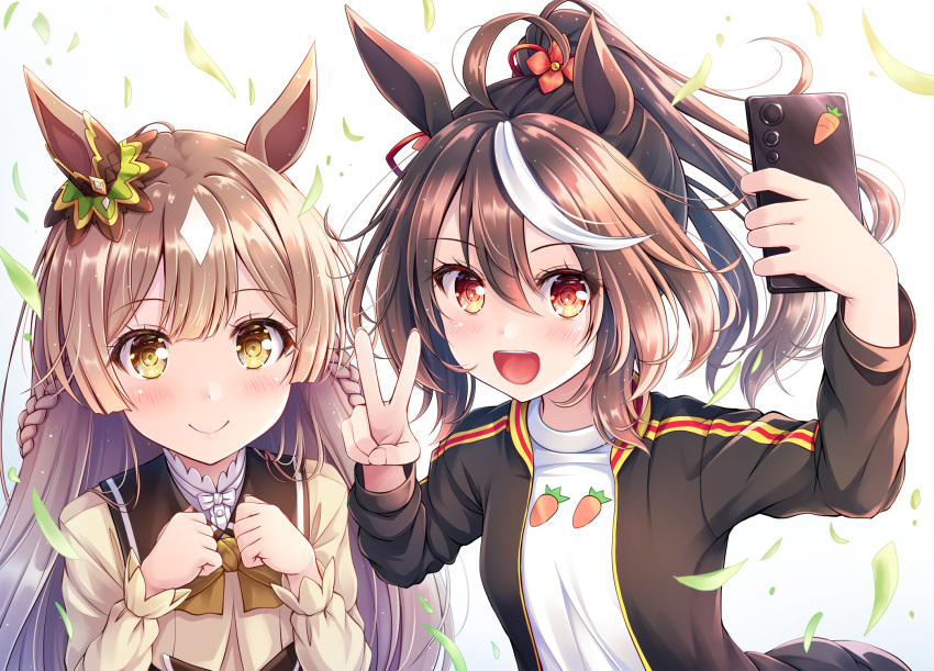 2girls ahoge akashio_(loli_ace) animal_ears black_hair blush brown_eyes brown_hair cellphone commentary_request hair_ornament highres horse_ears kitasan_black looking_at_viewer multiple_girls open_mouth phone satono_diamond selfie simple_background smile umamusume v white_background younger