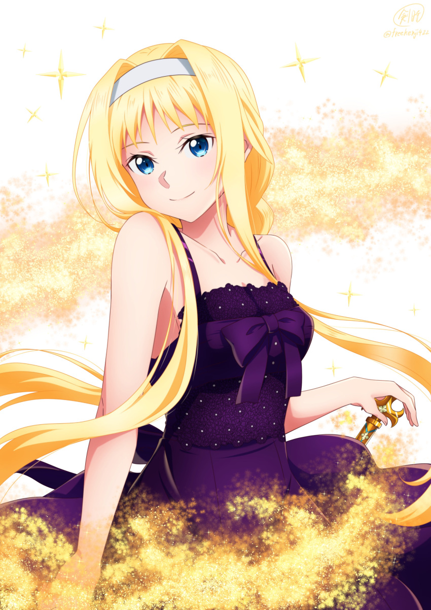 1girl alice_zuberg alternate_costume bangs bare_arms bare_shoulders blonde_hair blue_eyes braid breasts closed_mouth collarbone cowboy_shot dress hair_intakes hairband highres ken-ji long_hair looking_at_viewer medium_breasts purple_dress shiny shiny_hair sleeveless sleeveless_dress smile solo sparkle sparkle_background sword sword_art_online sword_art_online:_alicization very_long_hair weapon white_hairband
