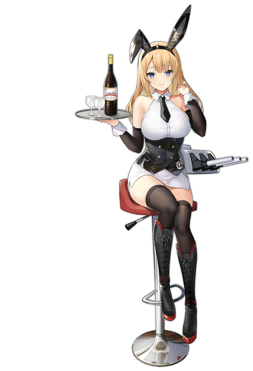 1girl alcohol animal_ears astoria_(azur_lane) astoria_(black_bunny_carnival)_(azur_lane) azur_lane bare_shoulders black_bow black_corset black_footwear black_legwear black_neckwear blonde_hair blue_eyes boots bottle bow breasts buttons corset cross-laced_footwear detached_sleeves double-breasted fake_animal_ears highres holding holding_tray knee_boots lace-up_boots large_breasts looking_at_viewer manjuu_(azur_lane) miniskirt necktie official_alternate_costume official_art rabbit_ears shirt sitting skirt solo thigh-highs transparent_background tray vilor white_shirt white_skirt wine_bottle zettai_ryouiki