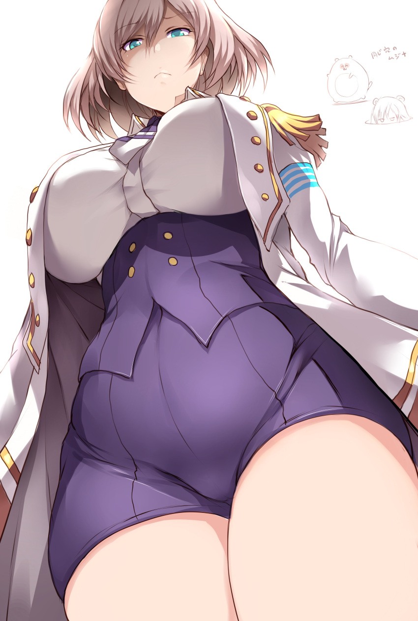 1girl absurdres blue_eyes breasts closed_mouth commentary_request epaulettes eyebrows_visible_through_hair from_below frown grey_hair hair_between_eyes highres large_breasts long_sleeves looking_at_viewer military_jacket mujina short_hair simple_background solo ssss.dynazenon thighs tsukasawa_takamatsu underbust white_background