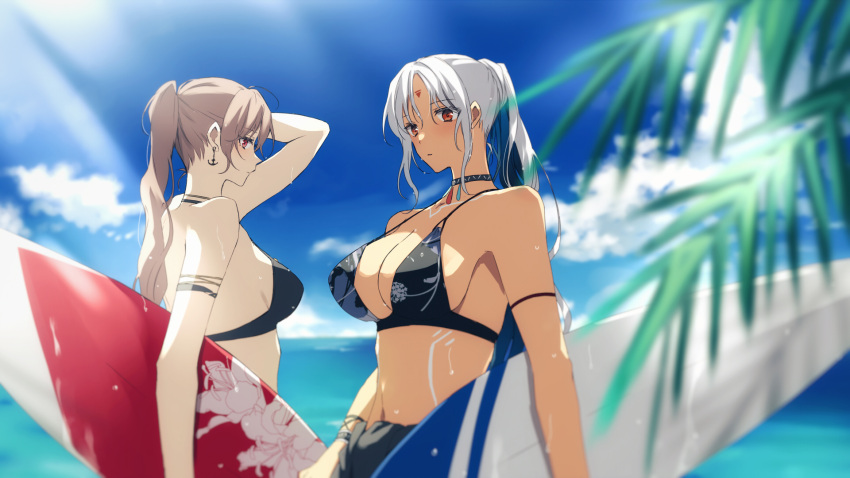 2girls amazuki_jou anchor_earrings armlet azur_lane beach bikini blue_sky body_writing bodypaint breasts dark_skin earrings facial_mark grey_hair high_ponytail highres jean_bart_(azur_lane) jewelry light_brown_hair massachusetts_(azur_lane) multiple_girls native_american ocean pale_skin palm_tree red_eyes sky surfboard swimsuit tree wet wet_hair