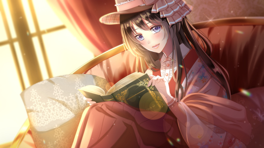 1girl blue_eyes blush book brown_hair commission couch gloves hat highres indoors izumi_(stardustalone) lens_flare long_hair open_book open_mouth original pillow pink_headwear reading seiyuu sitting skirt twilight white_gloves window