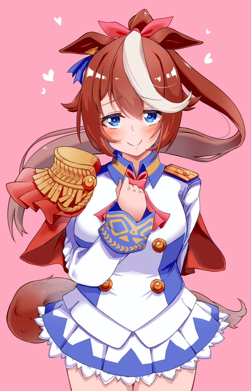 1girl animal_ears ascot blue_eyes blue_jacket blue_skirt brown_hair buttons commentary_request ear_ribbon hair_ribbon heart high_ponytail highres horse_ears horse_girl horse_tail jacket komb long_hair long_sleeves looking_at_viewer miniskirt multicolored_hair pink_background pink_neckwear pleated_skirt ribbon single_epaulette skirt solo streaked_hair tail tokai_teio_(umamusume) two-tone_hair two-tone_jacket two-tone_skirt umamusume white_hair white_jacket white_skirt