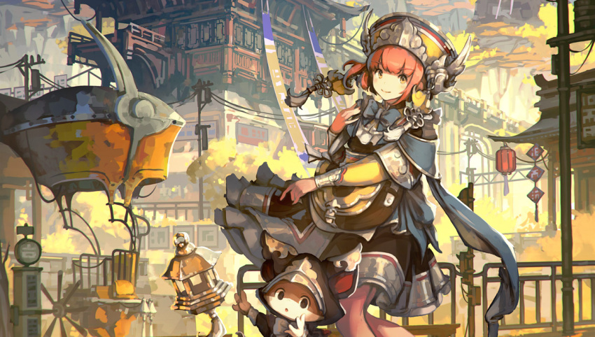 1girl animal_ears animal_hat architecture autumn bag bespin blush bow brown_eyes dress east_asian_architecture fantasy hat lamp lantern looking_at_viewer original pagoda paper_lantern power_lines railing redhead shoulder_bag smile solo tree utility_pole