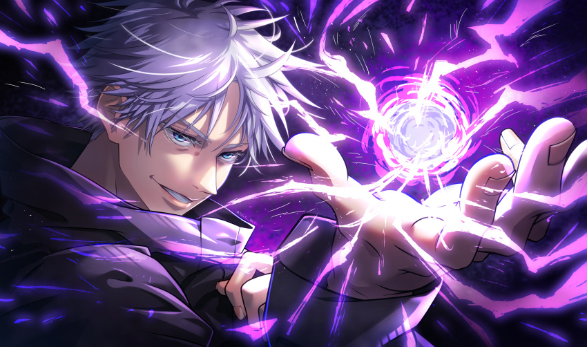 1boy absurdres aura bangs black_jacket blue_eyes eyelashes gojou_satoru grin hair_between_eyes hand_up high_collar highres jacket jujutsu_kaisen long_sleeves looking_away maeba_izumi magic male_focus open_hand purple_background short_hair smile solo upper_body white_hair