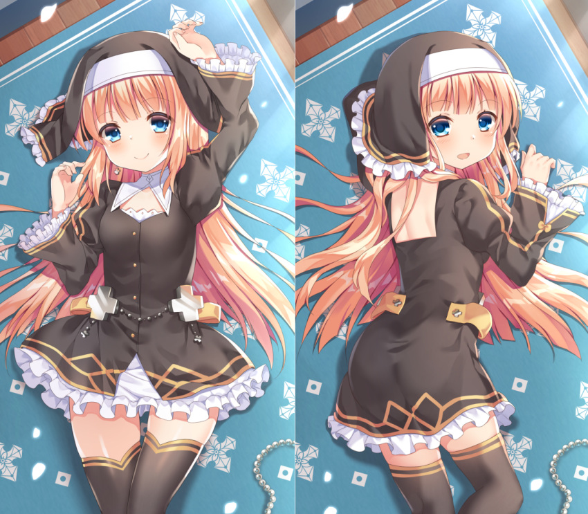 1girl :d arm_up backless_dress backless_outfit bangs black_dress black_legwear blue_eyes blush breasts brown_hair closed_mouth commentary craytm dakimakura_(medium) dress english_commentary eyebrows_visible_through_hair frilled_dress frilled_sleeves frills habit juliet_sleeves long_hair long_sleeves lying nun on_back on_side open_mouth original petals puffy_sleeves small_breasts smile thigh-highs very_long_hair wide_sleeves wooden_floor