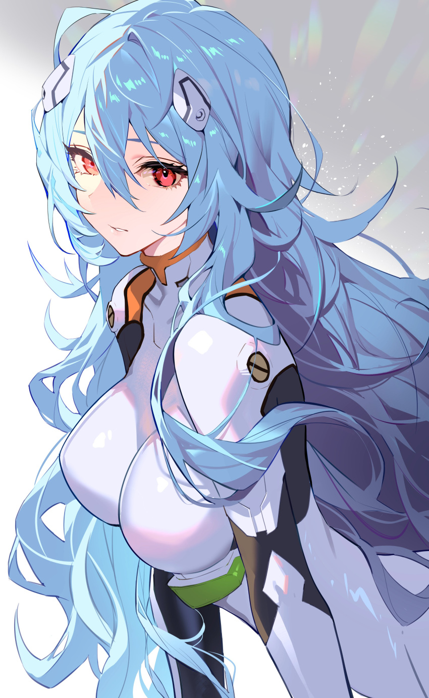 1girl absurdres alternate_hair_length alternate_hairstyle ayanami_rei bangs blue_hair bodysuit breasts evangelion:_3.0+1.0_thrice_upon_a_time hair_between_eyes hairpods highres large_breasts long_hair looking_at_viewer neon_genesis_evangelion plugsuit rebuild_of_evangelion red_eyes teffish white_bodysuit