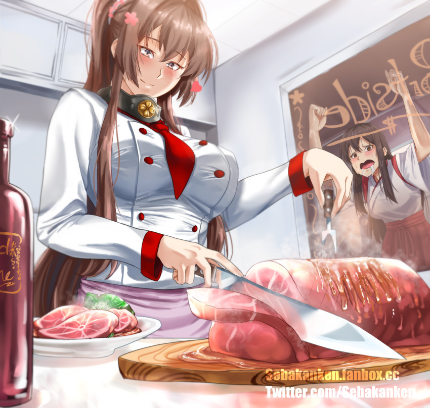 2girls akagi_(kancolle) breasts brown_hair cherry_blossoms flower food food_focus hair_flower hair_ornament hakama highres holding holding_knife japanese_clothes kantai_collection kitchen kitchen_knife knife large_breasts long_hair long_sleeves multiple_girls ponytail red_hakama ryougi_ayato shirt sidelocks straight_hair tasuki white_shirt yamato_(kancolle)