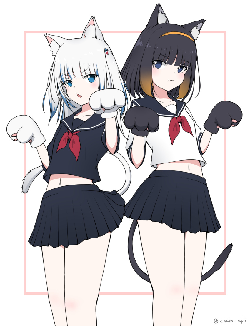 2girls alternate_costume animal_ears black_gloves black_hair black_sailor_collar black_serafuku black_shirt black_skirt blue_eyes blue_hair blush brown_hair cat_ears cat_girl cat_tail chain's closed_mouth collarbone commentary_request fang gawr_gura gloves gradient_hair hair_ornament hairband highres hololive hololive_english kemonomimi_mode looking_at_viewer midriff_peek multicolored_hair multiple_girls navel neckerchief ninomae_ina'nis orange_hairband parted_lips paw_gloves paws pleated_skirt red_neckwear sailor_collar school_uniform serafuku shirt short_hair silver_hair skirt standing streaked_hair tail twitter_username two_side_up virtual_youtuber white_background white_gloves white_shirt