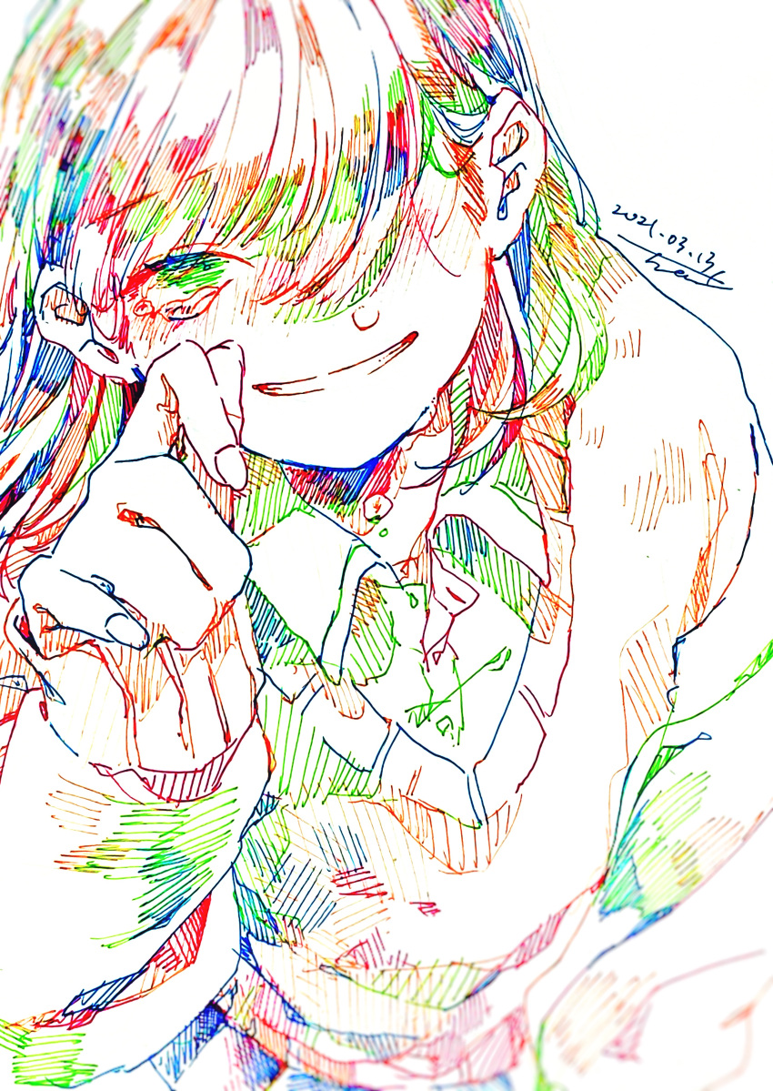 1girl absurdres bangs cardigan collared_shirt colorful dated green_eyes hair_over_one_eye hand_up hatching_(texture) highres long_hair long_sleeves original parted_lips shirt signature sleeves_past_wrists smile solo tmari traditional_media upper_body