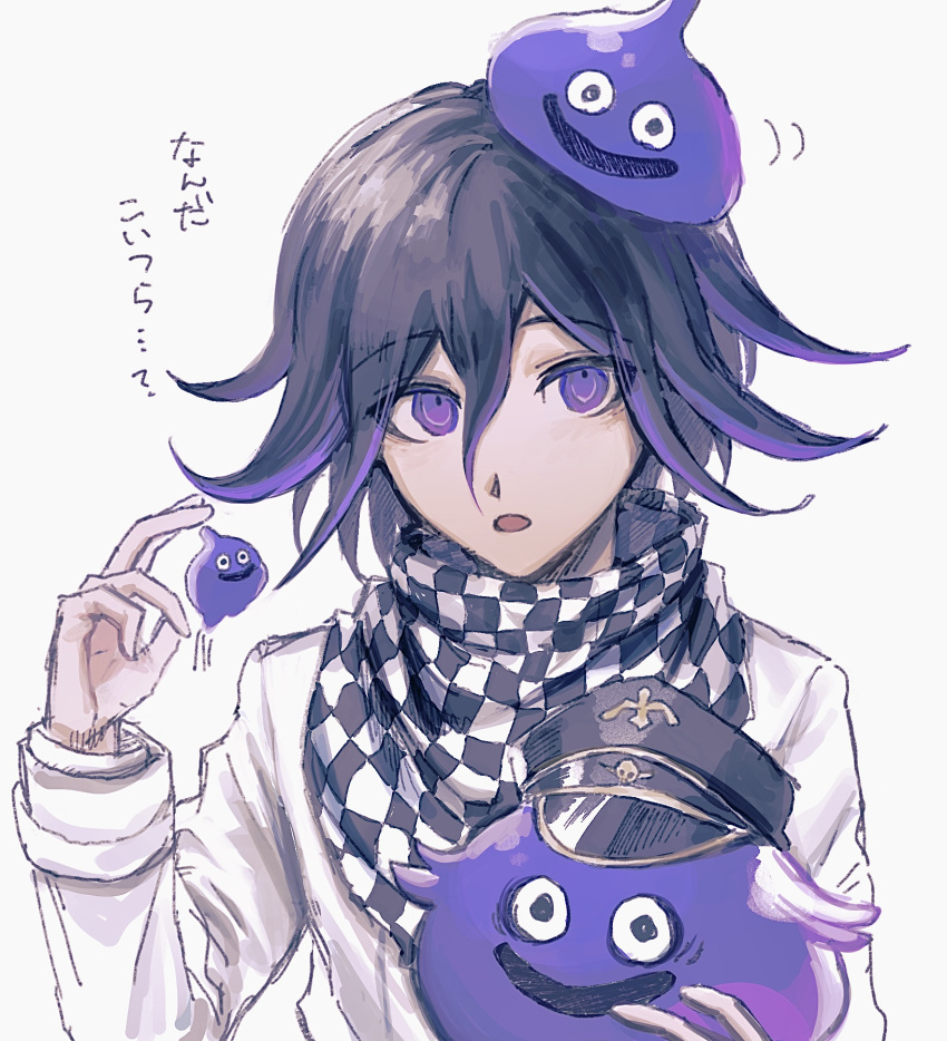 1boy aji_kosugi bangs black_hair black_headwear checkered checkered_scarf commentary_request dangan_ronpa_(series) dangan_ronpa_v3:_killing_harmony dragon_quest grey_background hair_between_eyes hand_up hat highres holding jacket long_sleeves looking_at_viewer male_focus open_mouth ouma_kokichi peaked_cap purple_hair scarf short_hair simple_background slime_(dragon_quest) smile straitjacket translated upper_body violet_eyes white_jacket