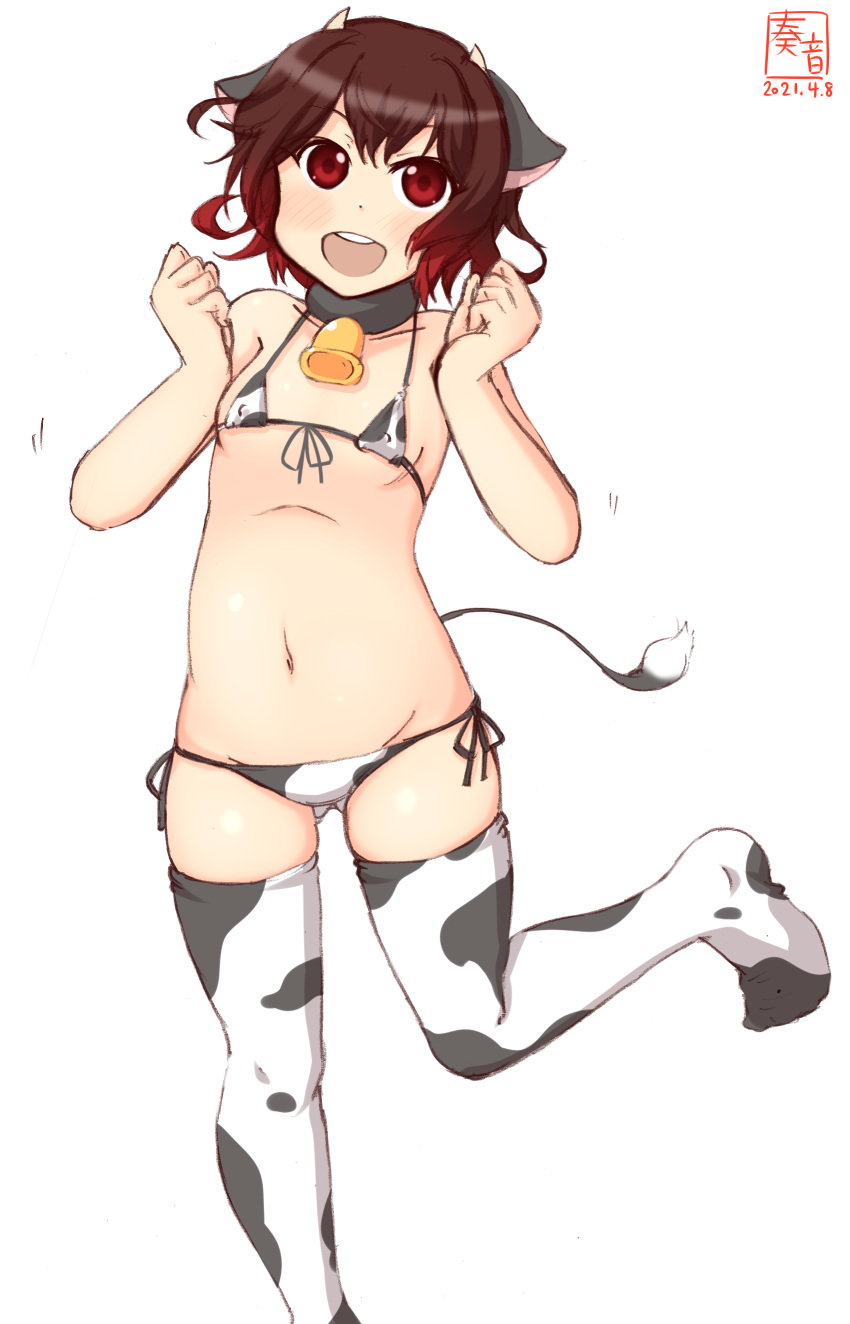 1girl absurdres alternate_costume animal_ears animal_print artist_logo ass_visible_through_thighs belly bikini brown_hair clenched_hands commentary_request cow_ears cow_horns cow_print cow_tail cowboy_shot dated fake_animal_ears fake_horns front-tie_top gradient_hair groin highres horns kanon_(kurogane_knights) kantai_collection looking_at_viewer lowleg lowleg_bikini micro_bikini multicolored_hair mutsuki_(kancolle) navel one-hour_drawing_challenge open_mouth red_eyes redhead round_teeth short_hair side-tie_bikini simple_background solo swimsuit tail teeth thigh-highs upper_teeth white_background white_bikini white_legwear