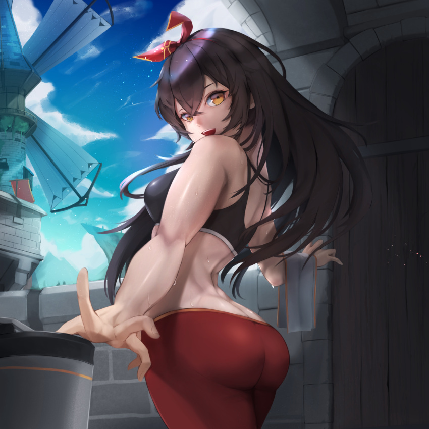 1girl amber_(genshin_impact) ass bare_arms bare_shoulders blue_sky brown_hair butt_crack casual clouds day genshin_impact highres long_hair looking_at_viewer midriff open_mouth pants pantyhose red_pants red_ribbon ribbon sky smile sonaworld sports_bra sportswear sweat windmill yellow_eyes