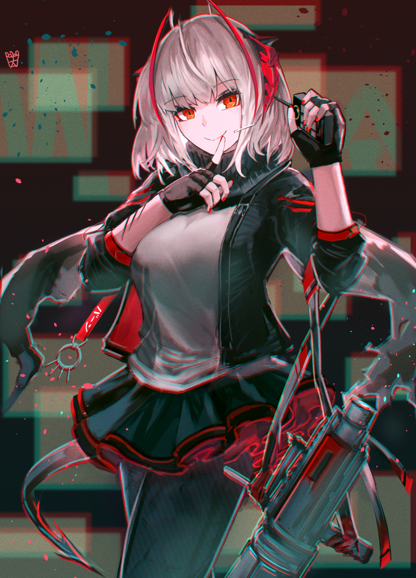 1girl absurdres arknights black_jacket black_legwear breasts demon_horns demon_tail detonator fingerless_gloves gloves gun highres horns huge_filesize jacket large_breasts ootato pantyhose red_eyes red_nails scar_on_arm scarf silver_hair skirt smile tail w_(arknights) weapon