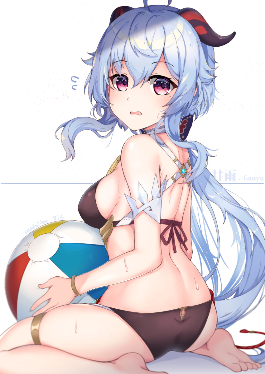 1girl absurdres ahoge ass ball bare_arms bare_shoulders barefoot beachball bell bikini black_bikini blue_hair blush bracelet breasts character_name flying_sweatdrops from_behind ganyu_(genshin_impact) genshin_impact highres horns jewelry long_hair looking_at_viewer looking_back low_ponytail medium_breasts open_mouth red_ribbon ribbon sideboob sidelocks sitting skindentation solo sweat swimsuit thighlet twitter_username very_long_hair violet_eyes wariza wata_neo white_background