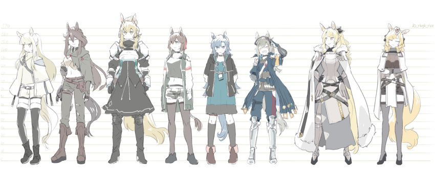 6+girls animal_ear_fluff animal_ears arknights armor aunt_and_niece black_headwear blemishine_(arknights) breastplate cape catapult_(arknights) fang_(arknights) grani_(arknights) height_chart highres horse_ears horse_girl horse_tail large_tail meteor_(arknights) nearl_(arknights) plate_armor platinum_(arknights) rkgk_rice shorts siblings sisters tail visor whislash_(arknights) white_armor white_cape white_shorts yellow_tail