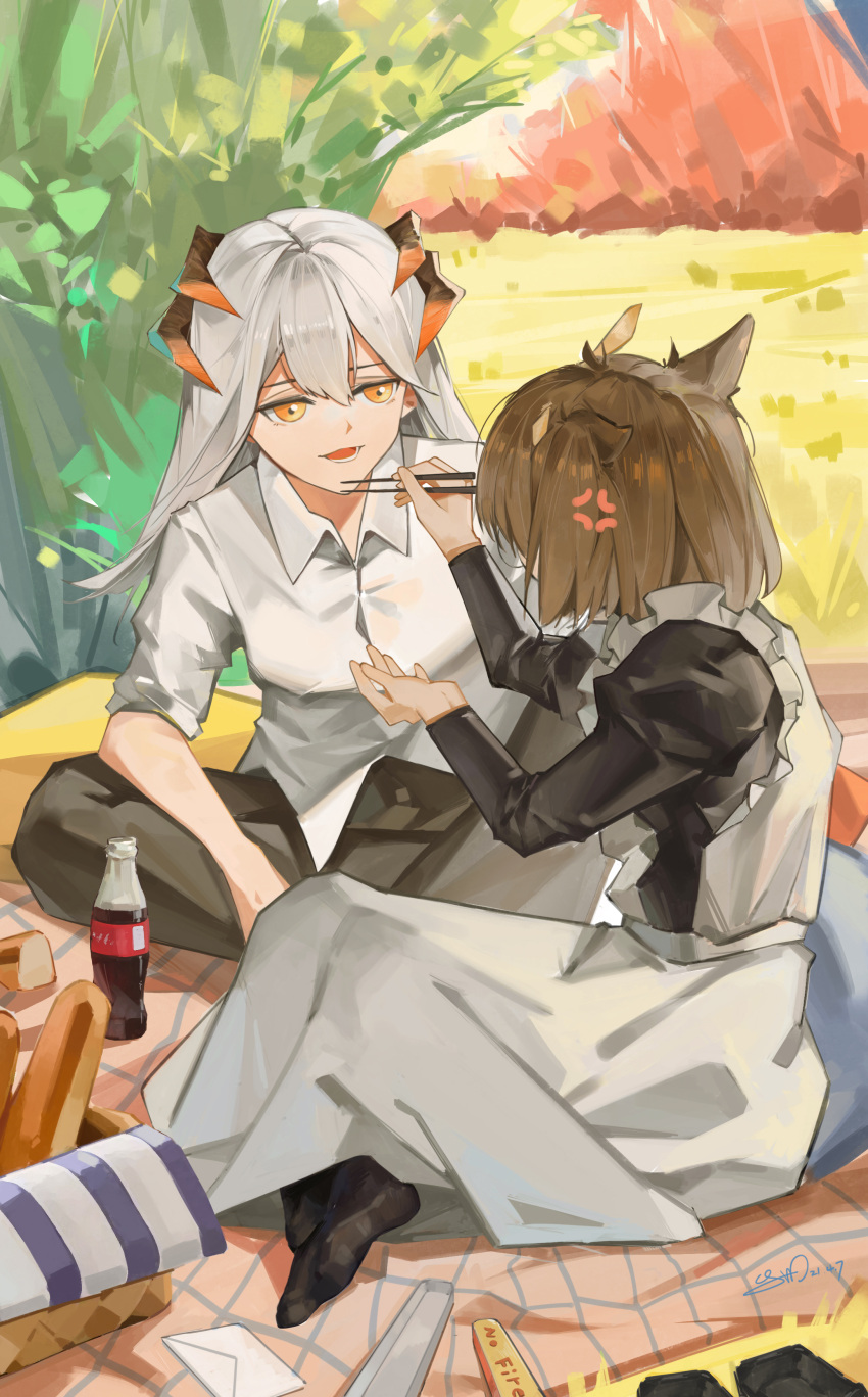 2girls absurdres alternate_costume anger_vein animal_ears apron arknights baguette black_legwear black_pants blanket bread brown_hair chopsticks coca-cola collared_shirt dragon_horns enmaided feeding food highres horns jiojio letter long_hair long_skirt looking_at_another maid maid_apron multiple_girls open_mouth orange_eyes outdoors pants picnic picnic_basket pillow saria_(arknights) shirt short_hair signature silence_(arknights) silver_hair skirt sleeves_rolled_up white_shirt white_skirt