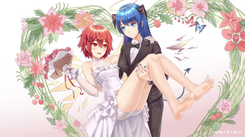 2girls absurdres arknights bare_legs barefoot blue_eyes blue_hair bride da_akana_xiv demon_horns detached_wings dress elbow_gloves energy_wings exusiai_(arknights) fallen_angel feet flower formal gloves halo highres horns long_hair mostima_(arknights) multiple_girls no_shoes pantyhose red_eyes redhead short_hair soles suit wedding wedding_dress white_dress wife_and_wife wings yuri