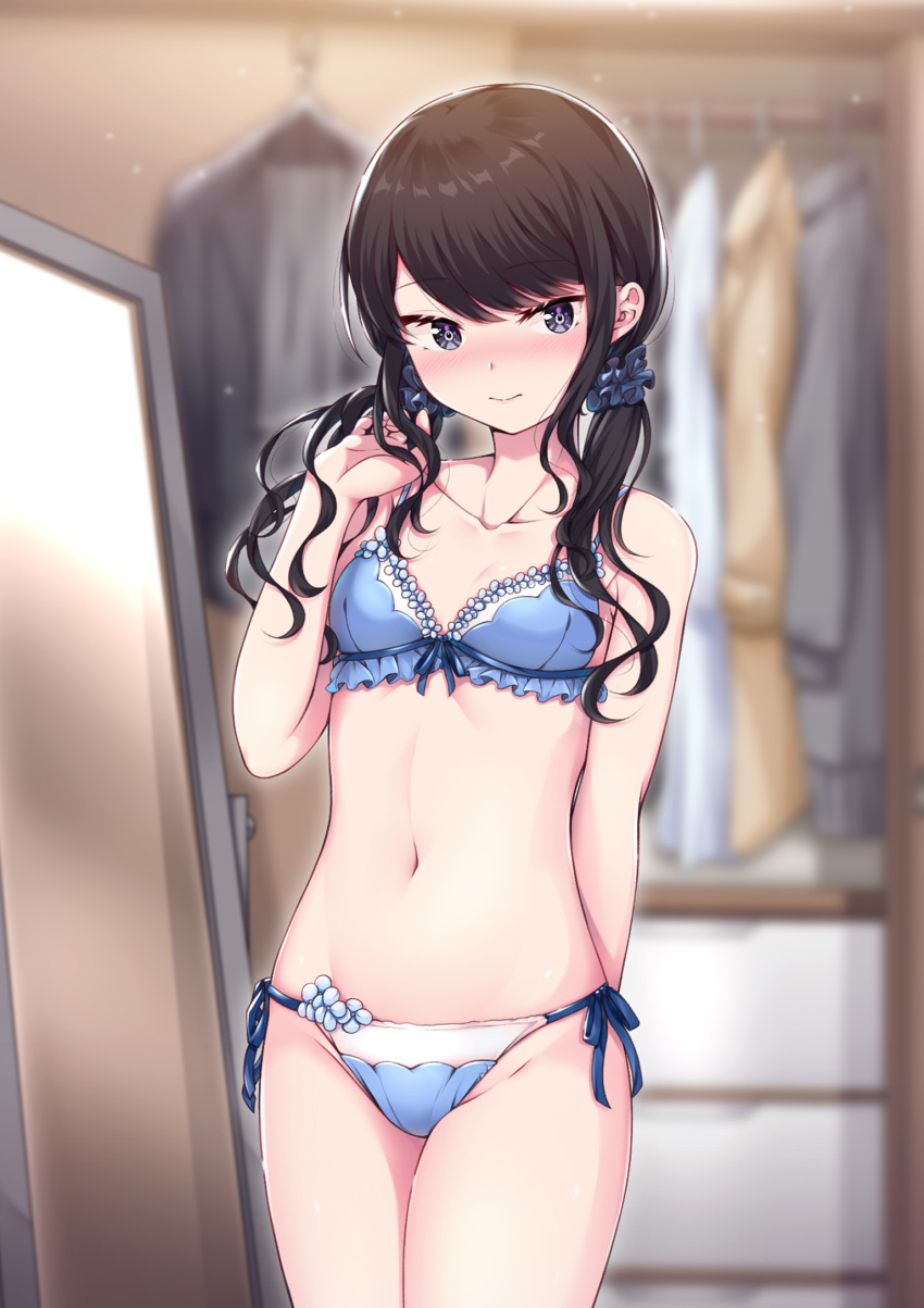 1girl black_hair blue_bra blue_panties blue_scrunchie blurry blurry_background bra breasts collarbone commentary_request cowboy_shot depth_of_field frilled_bra frilled_panties frills groin hair_ornament hair_over_shoulder hair_scrunchie highres kotohane light_smile long_hair looking_at_viewer low_twintails mirror navel original panties scrunchie side-tie_panties small_breasts solo twintails underwear underwear_only wardrobe
